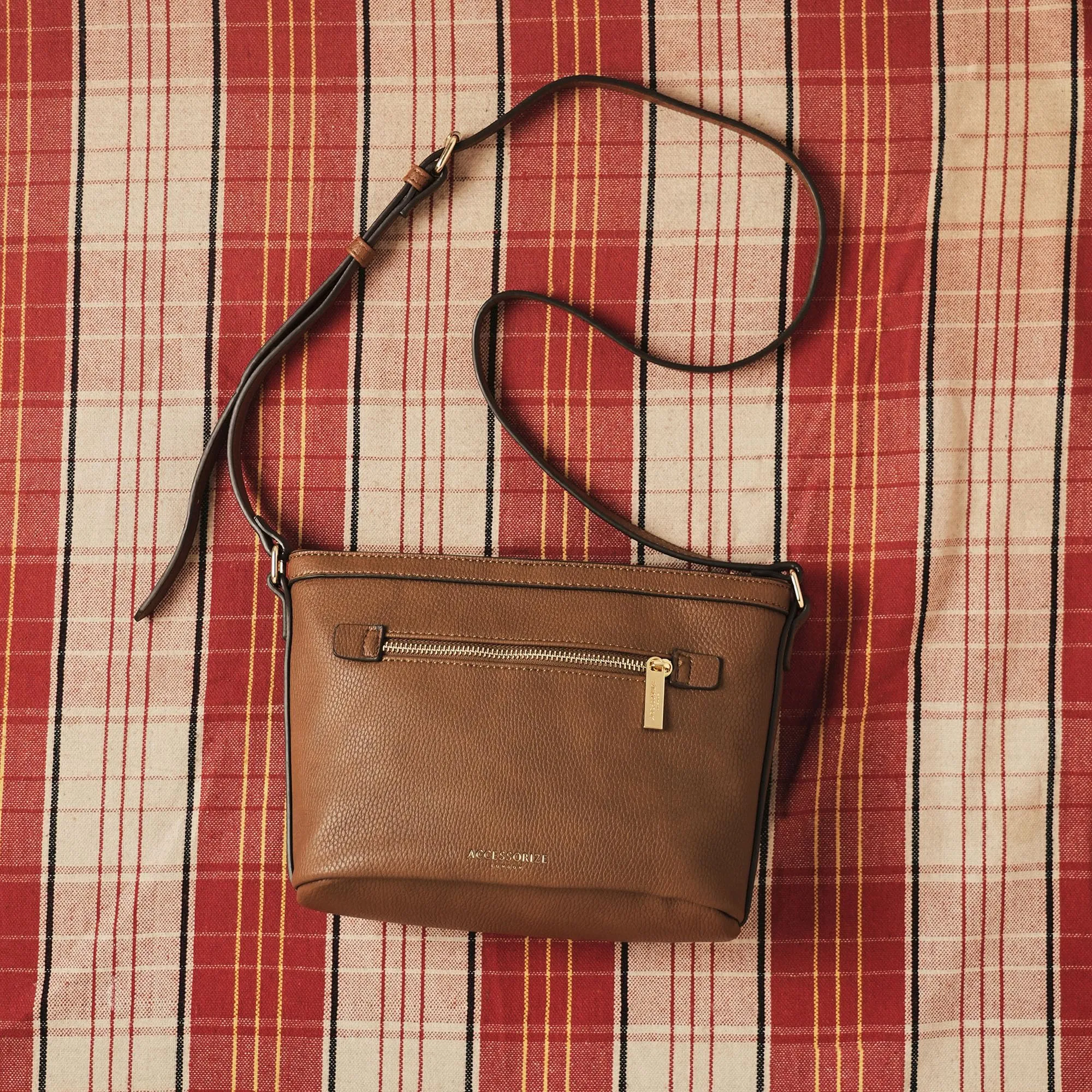 Accessorize London Women's Faux Leather Brown Top Zip Sling Bag