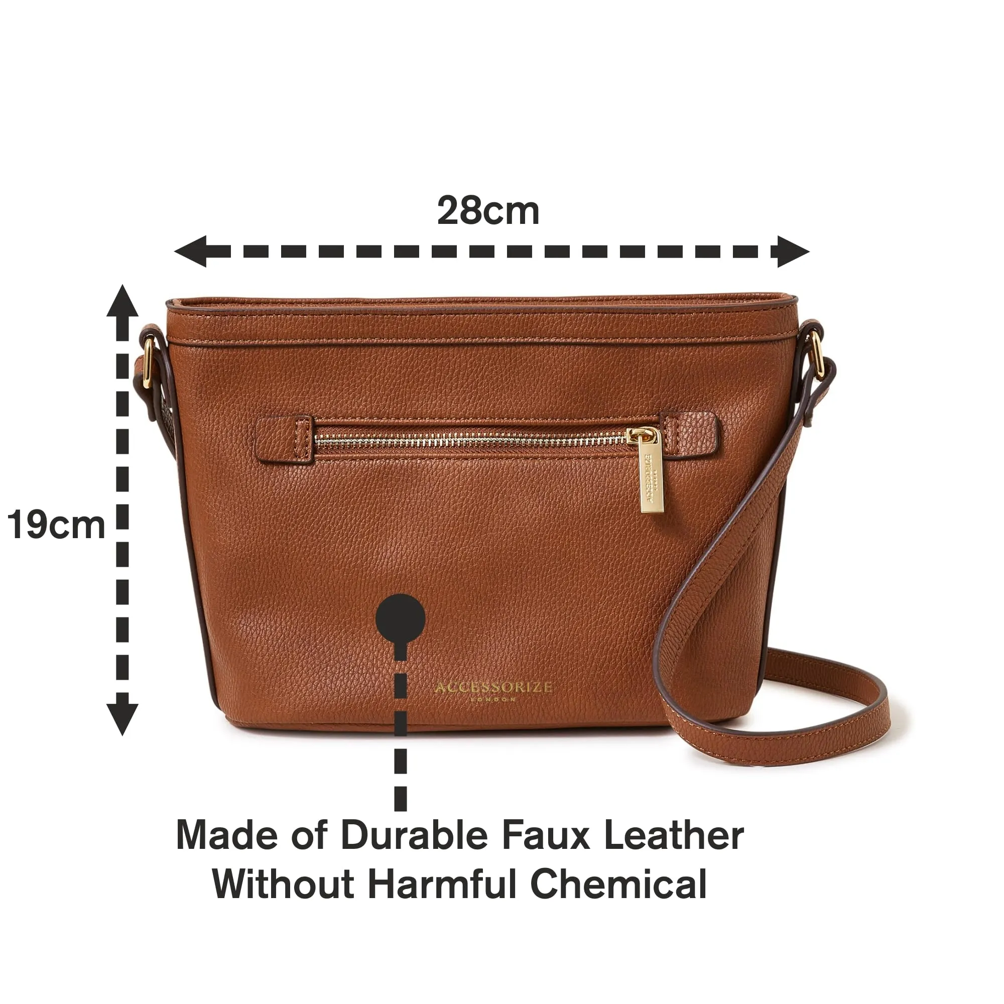 Accessorize London Women's Faux Leather Brown Top Zip Sling Bag