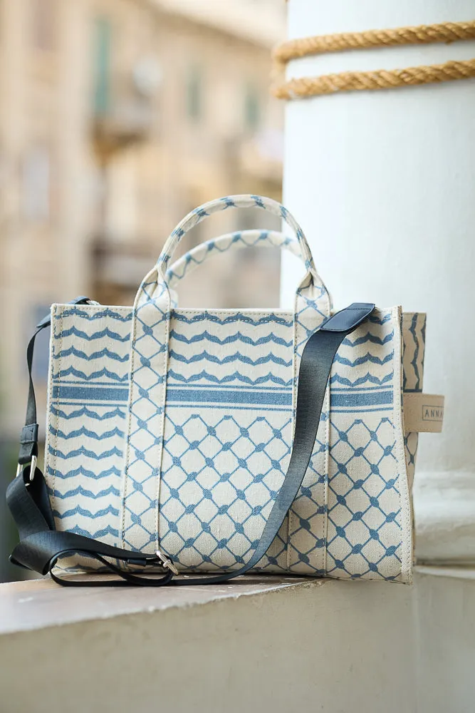 Blue and Cream Keffiyeh Pattern Medium Tote - Durable Cotton Canvas Design