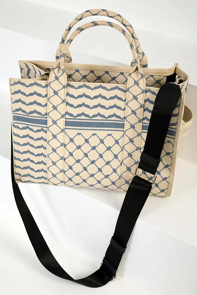 Blue and Cream Keffiyeh Pattern Medium Tote - Durable Cotton Canvas Design