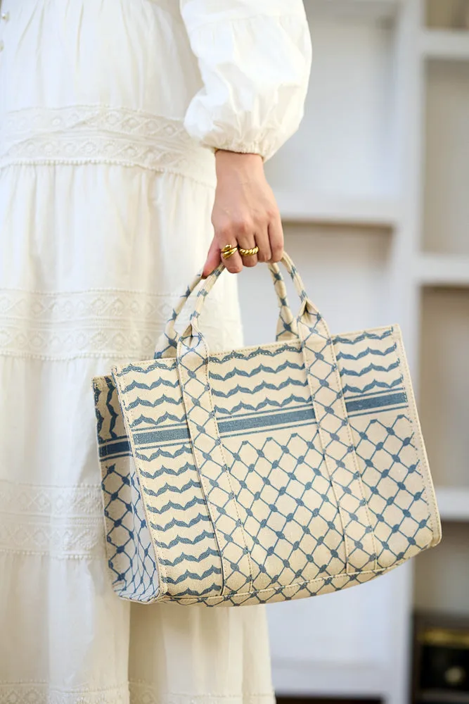 Blue and Cream Keffiyeh Pattern Medium Tote - Durable Cotton Canvas Design