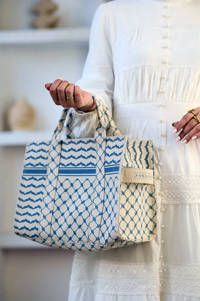 Blue and Cream Keffiyeh Pattern Medium Tote - Durable Cotton Canvas Design