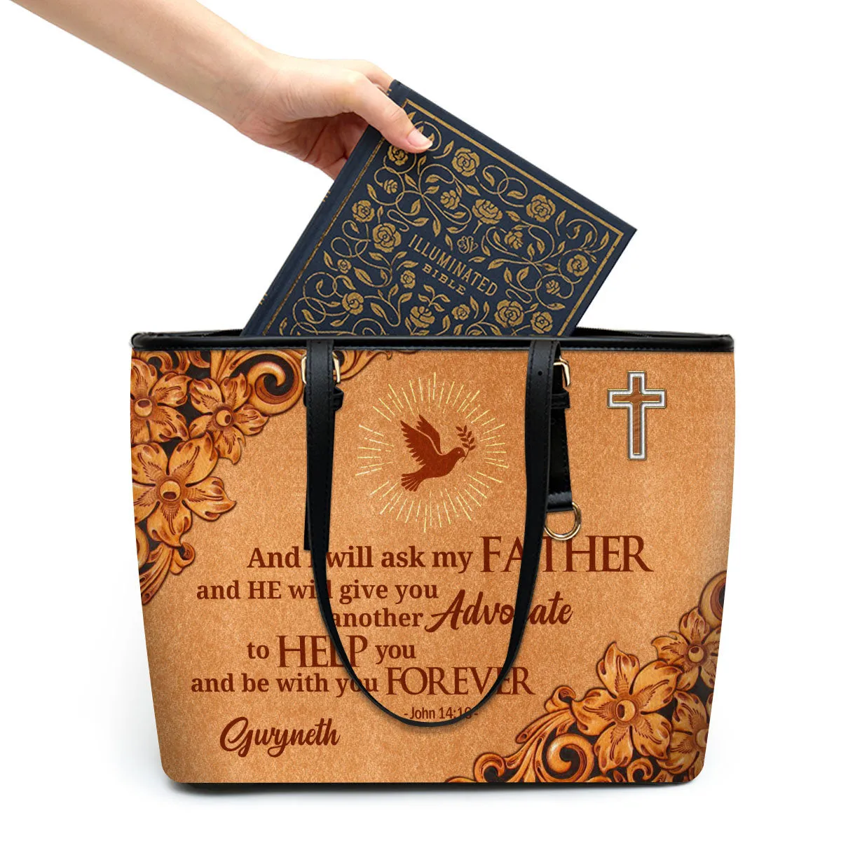 Cross And Pigeon John 1416 Personalized Large Leather Tote Bag - Christian Gifts For Women