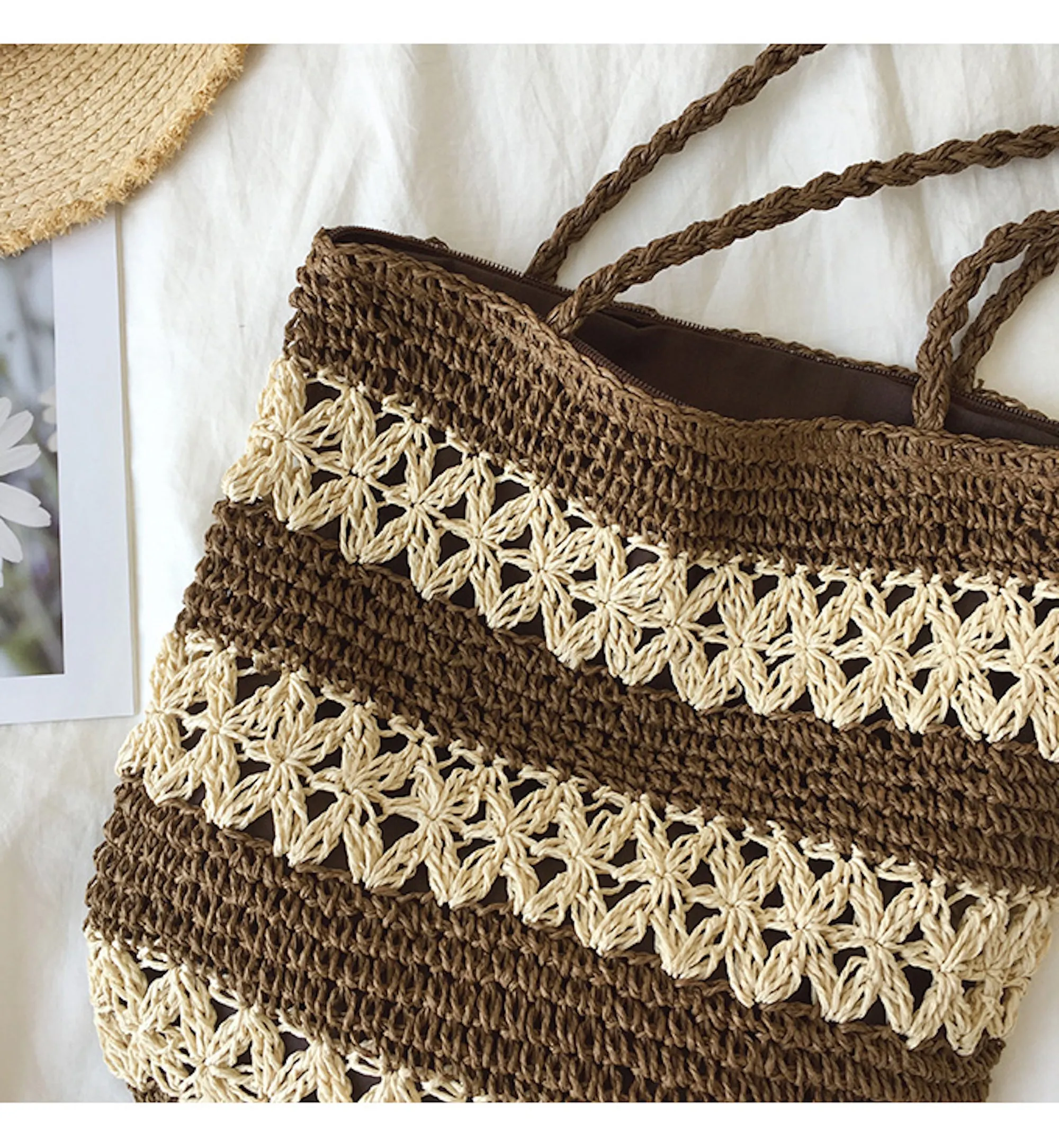 Elena Handbags Patterned Straw Woven Tote Bag