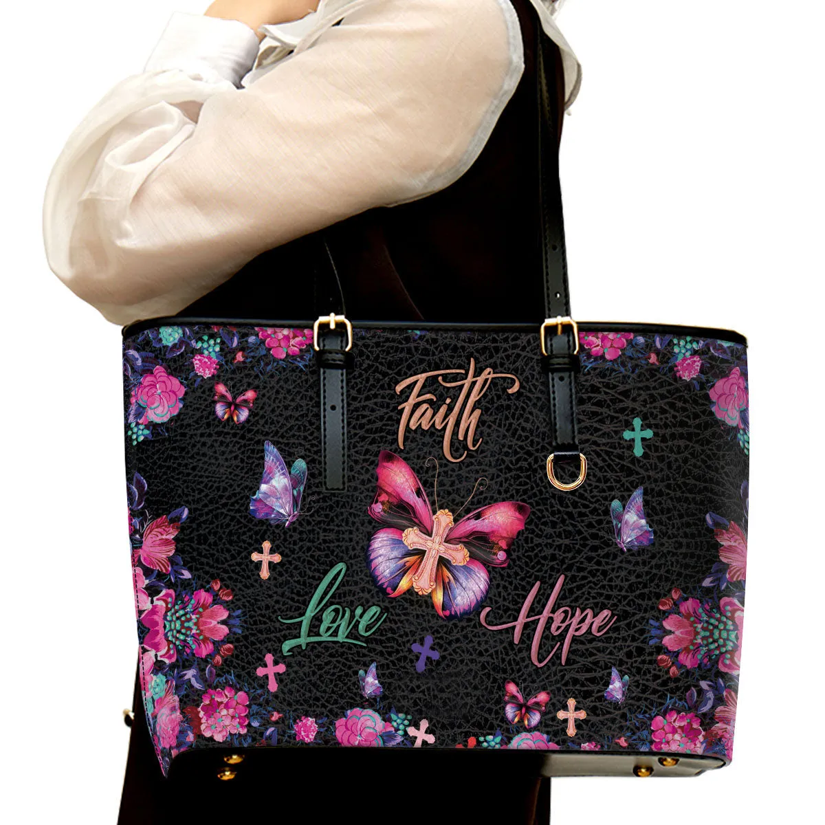 Faith Hope Love Large Leather Tote Bag - Christ Gifts For Religious Women - Best Mother's Day Gifts