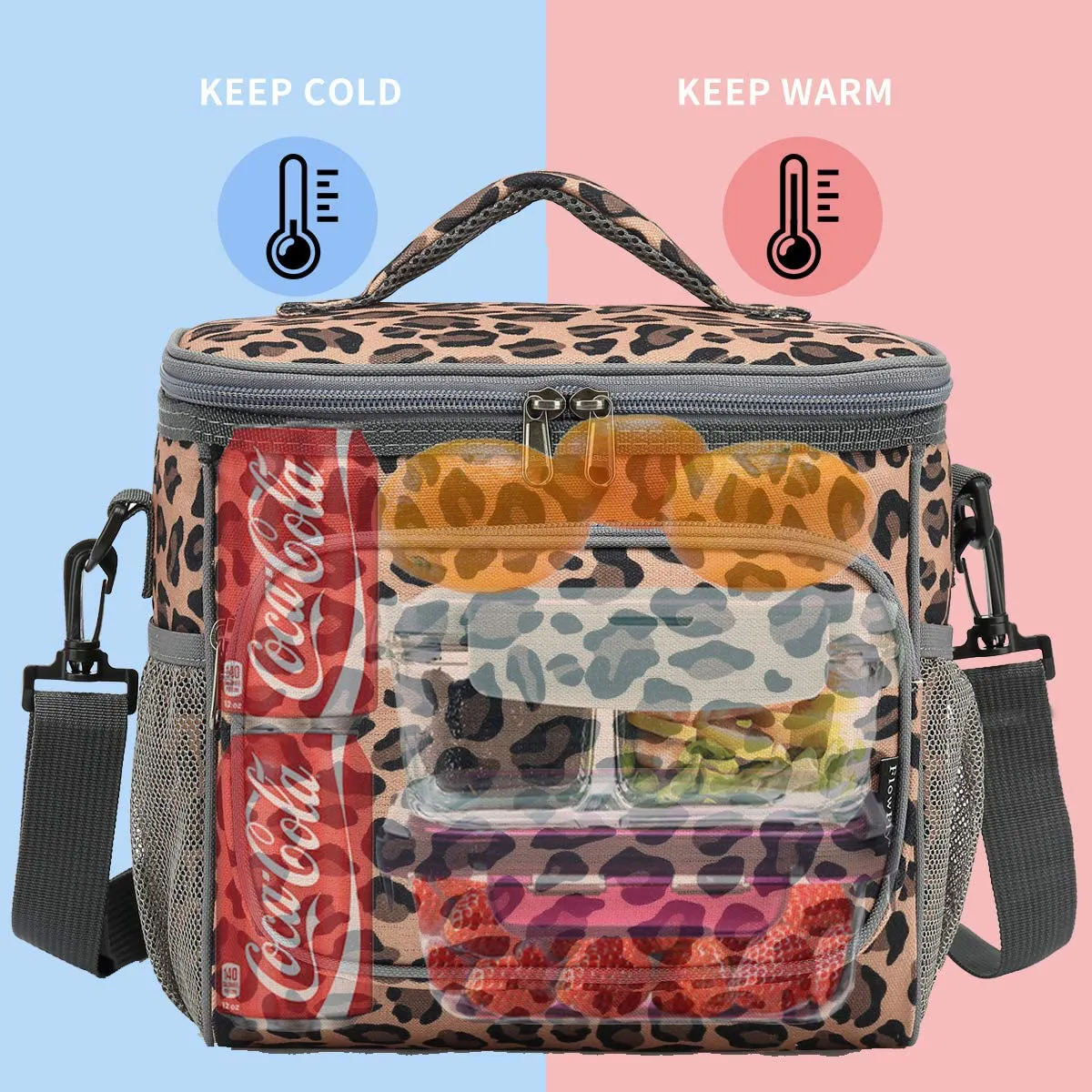 FlowFly insulated Reusable Lunch Bag Adult Large Lunch Box for Women and Men with Adjustable Shoulder Strap,Front Zipper Pocket and Dual Large Mesh Side Pockets, Leopard