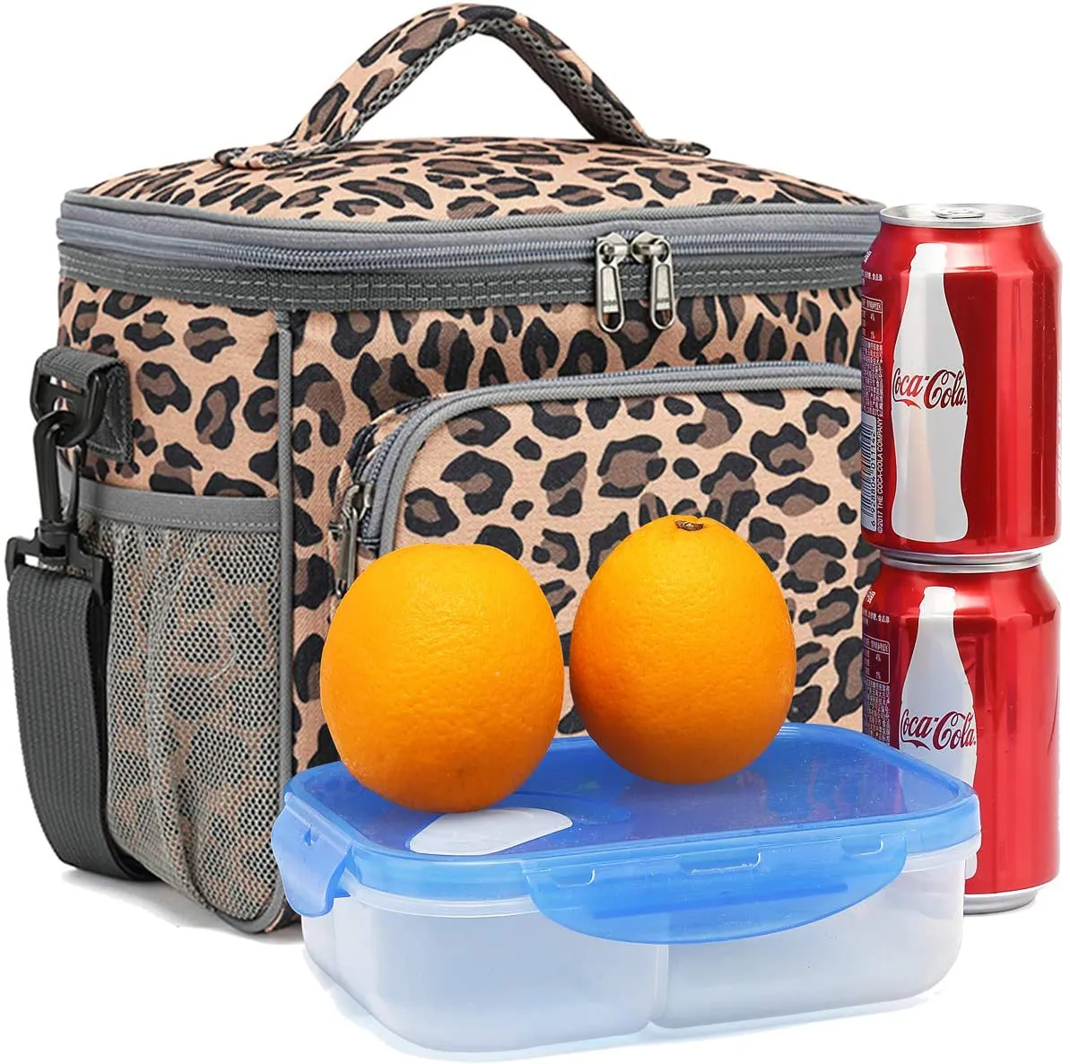 FlowFly insulated Reusable Lunch Bag Adult Large Lunch Box for Women and Men with Adjustable Shoulder Strap,Front Zipper Pocket and Dual Large Mesh Side Pockets, Leopard