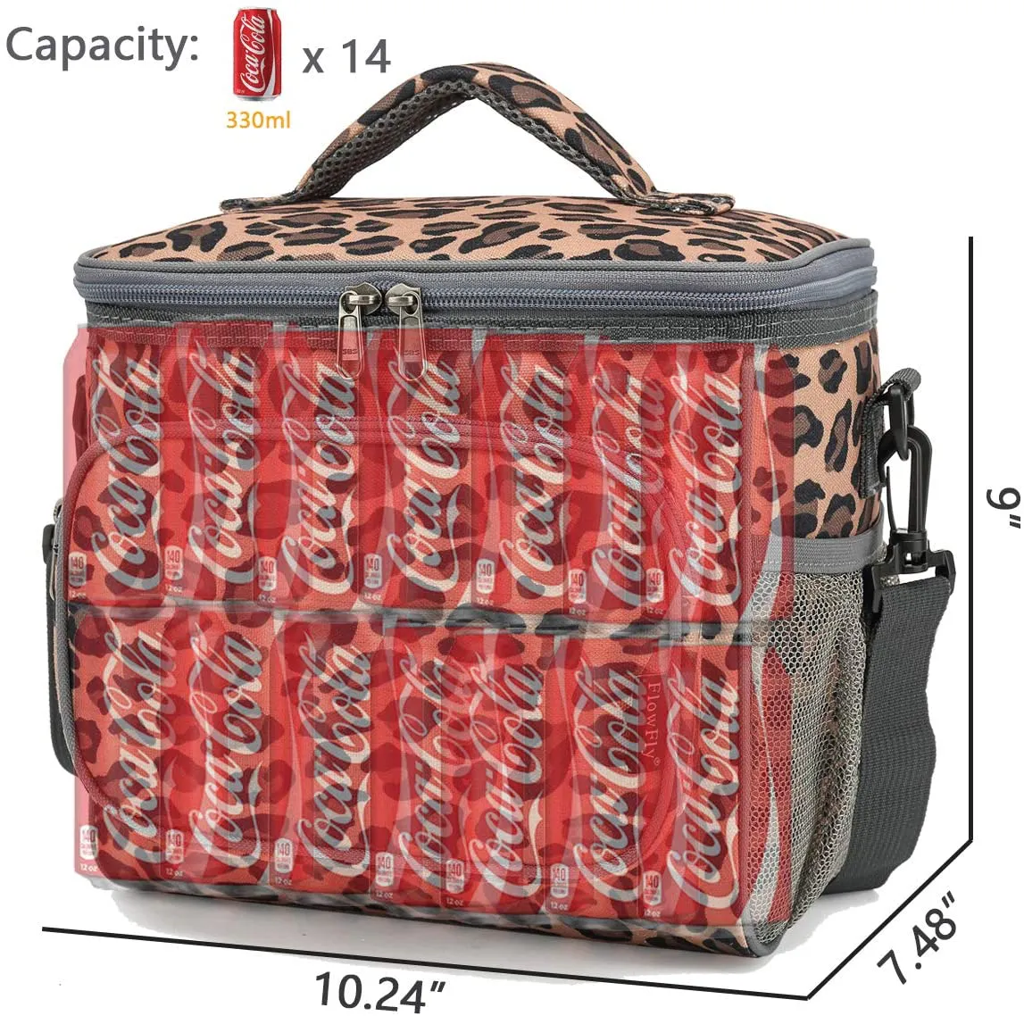 FlowFly insulated Reusable Lunch Bag Adult Large Lunch Box for Women and Men with Adjustable Shoulder Strap,Front Zipper Pocket and Dual Large Mesh Side Pockets, Leopard