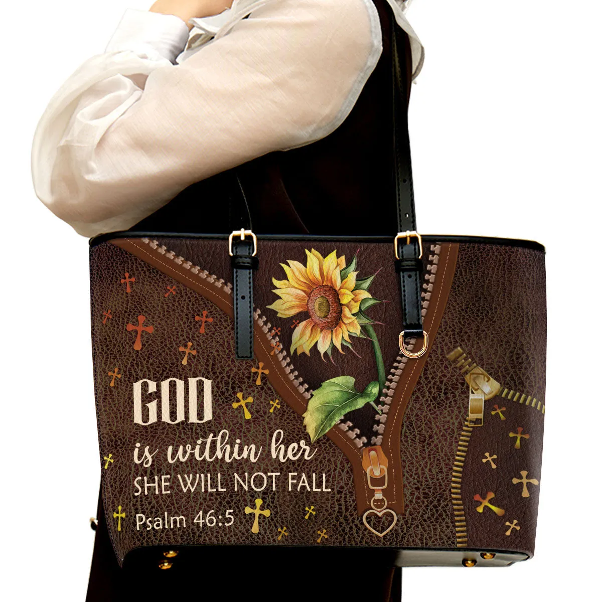 God Is Within Her Large Leather Tote Bag - Christ Gifts For Religious Women - Best Mother's Day Gifts