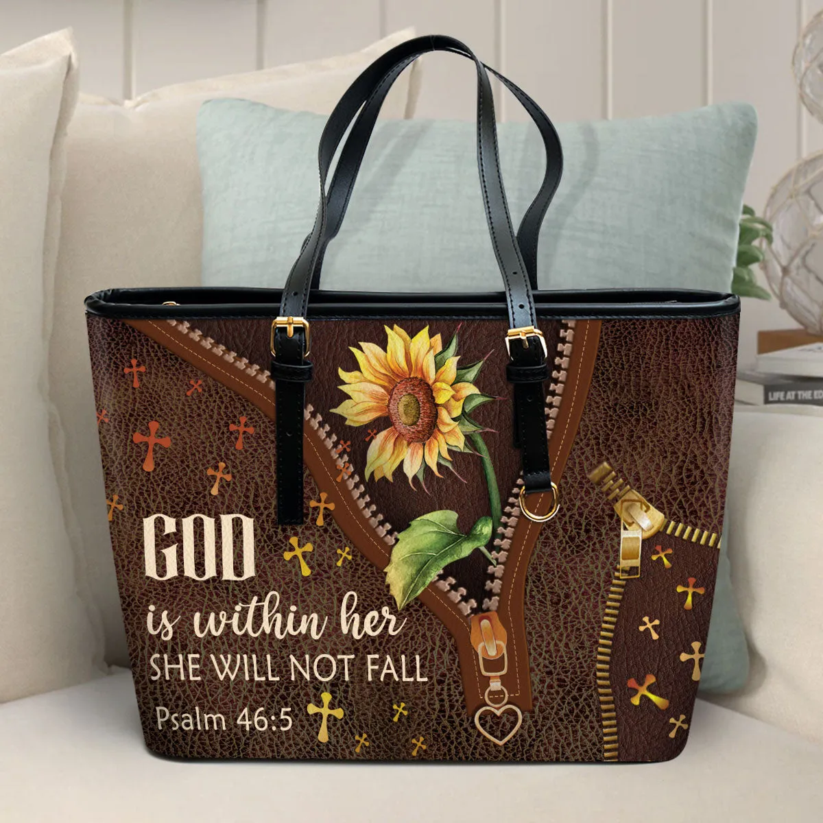 God Is Within Her Large Leather Tote Bag - Christ Gifts For Religious Women - Best Mother's Day Gifts