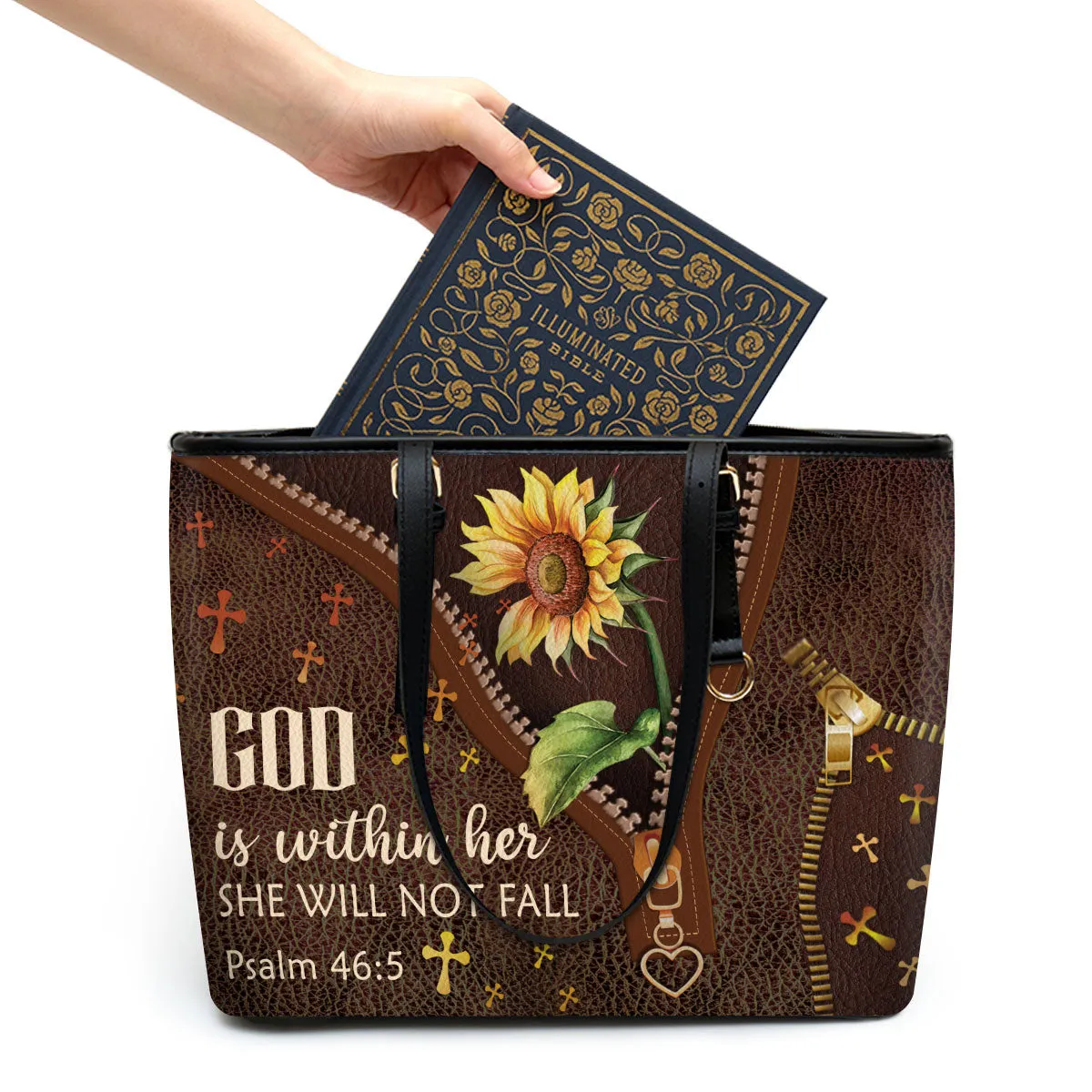 God Is Within Her Large Leather Tote Bag - Christ Gifts For Religious Women - Best Mother's Day Gifts