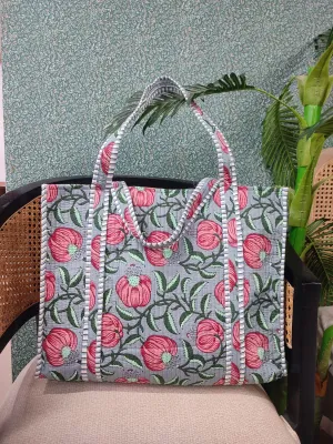 Grey & Pink Jute Handblock Printed Tote Bag Without Zip