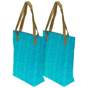 Heart Home Embroidery Polyester Shoulder Bag/Tote Bag/Handbag for Women & Girls with Carrying Handle- Pack of 2 (Blue)-50HH01153