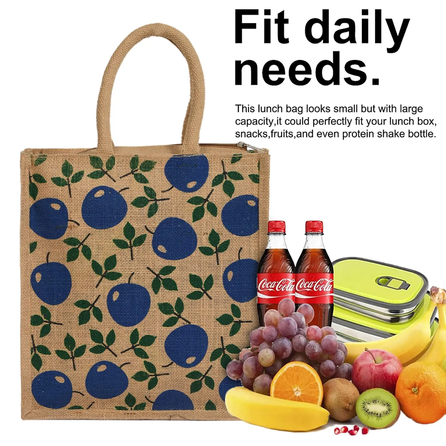 Heart Home Fruits Print Jute Reusable Eco-Friendly Hand Bag/Grocery Bag For Man, Woman With Handle (Blue) 54HH4360.