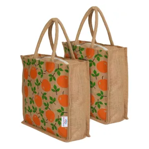 Heart Home Fruits Print Jute Reusable Eco-Friendly Hand Bag/Grocery Bag For Man, Woman With Handle Pack Of 2 (Orange) 54HH4363.