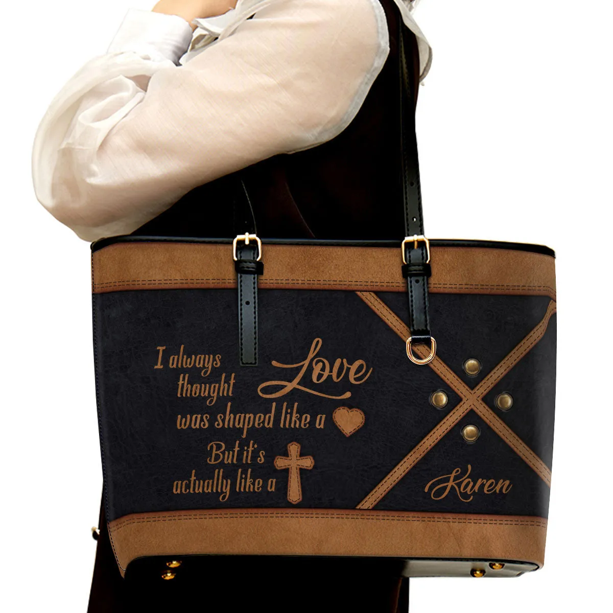 I Always Thought Love Was Shaped Like A Heart Cross Personalized Large Leather Tote Bag - Christian Inspirational Gifts For Women