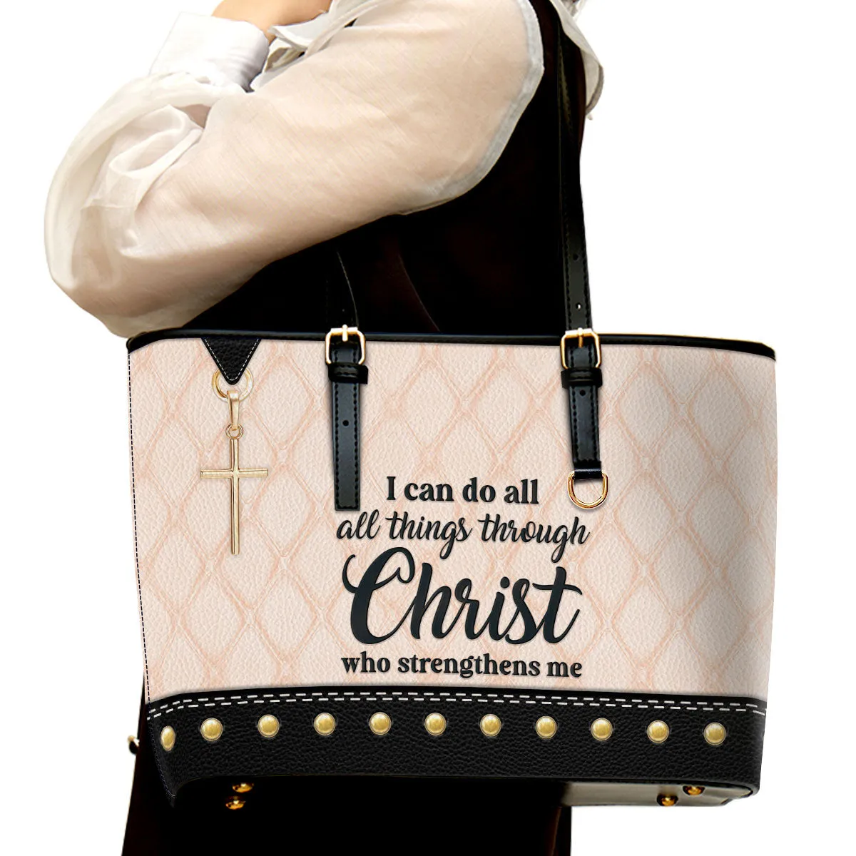 I Can Do All Things Through Christ Large Leather Tote Bag - Christ Gifts For Religious Women - Best Mother's Day Gifts