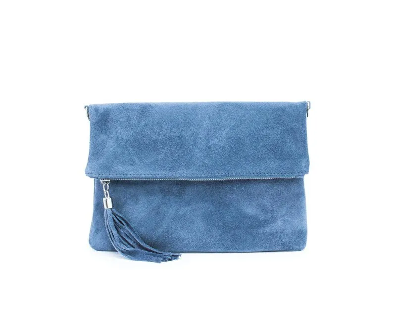 Italian Designer Soft Denim Blue Foldover Plain Suede Leather Clutch - Denim Blue Eleganza