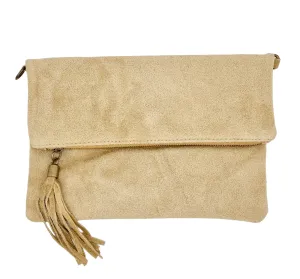 Italian Designer Soft Foldover Suede Leather Clutch -Eleganza Light Beige