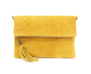 Italian Designer Soft Foldover Suede Leather Clutch - Eleganza Mustard