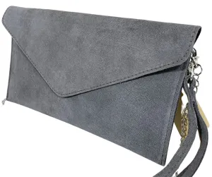 Italian Designer Soft Suede Leather Envelope Clutch Eleonora Swolit Dark Grey