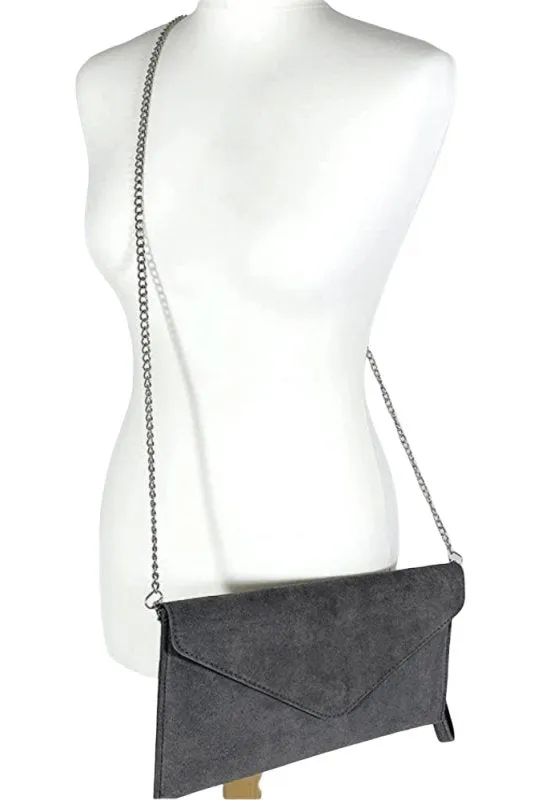 Italian Designer Soft Suede Leather Envelope Clutch Eleonora Swolit Dark Grey