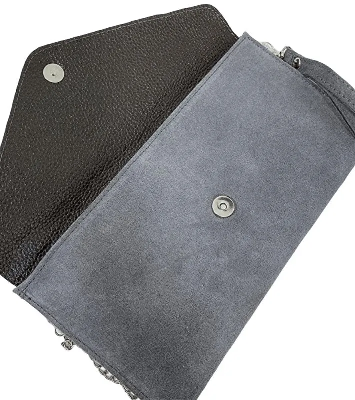 Italian Designer Soft Suede Leather Envelope Clutch Eleonora Swolit Dark Grey