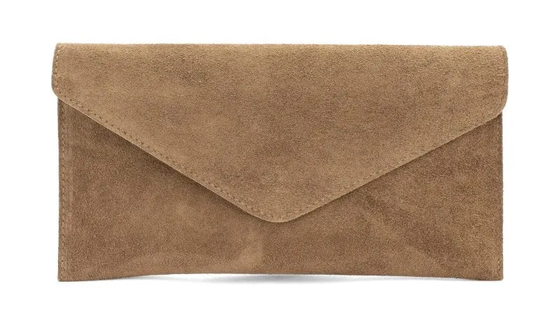 Italian Designer Soft Suede Leather Envelope Clutch Eleonora Taupe