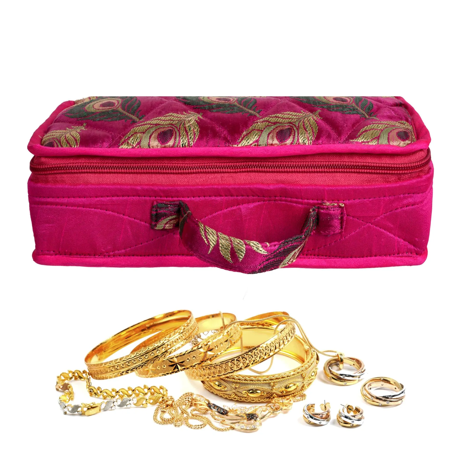 Kuber Industries Jewellery Kit | Satin Morpankh Print Jewellery Kit | 4 Flappable Pouches & 2 Extra Compartment | Cosmetic Kit for Necklace | Bracelet | Pink