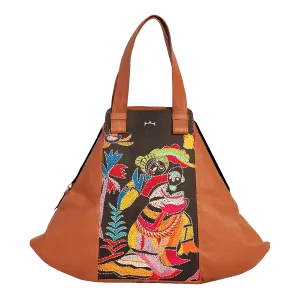 Leather Embroidery Patachitra Tote Handbag - Brown