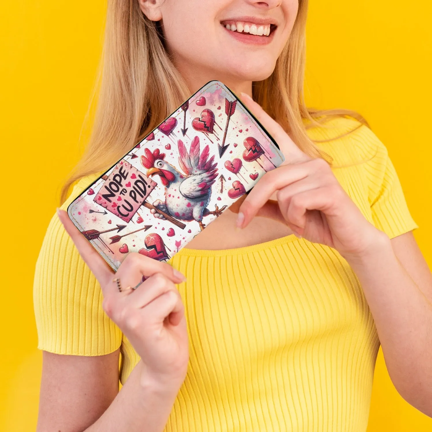 Long Type Zipper Purse - Chicken/Rooster, Nope not today Cupid