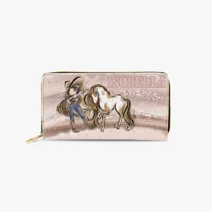 Long Type Zipper Purse, Howdy Cowgirl & Horse, Brunette Hair Blue Eyes, Personalised