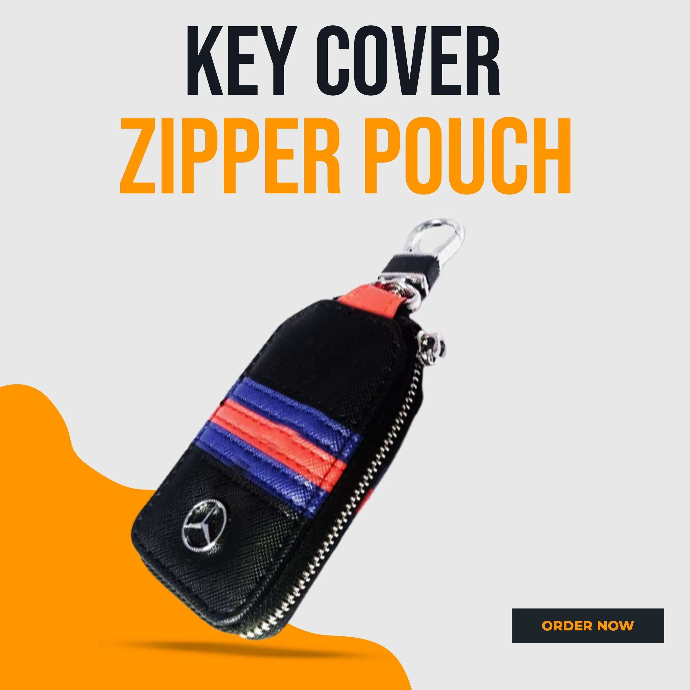 Mercedes Zipper Jeans Key Cover Pouch Black With Red Blue Strip Keychain Ring