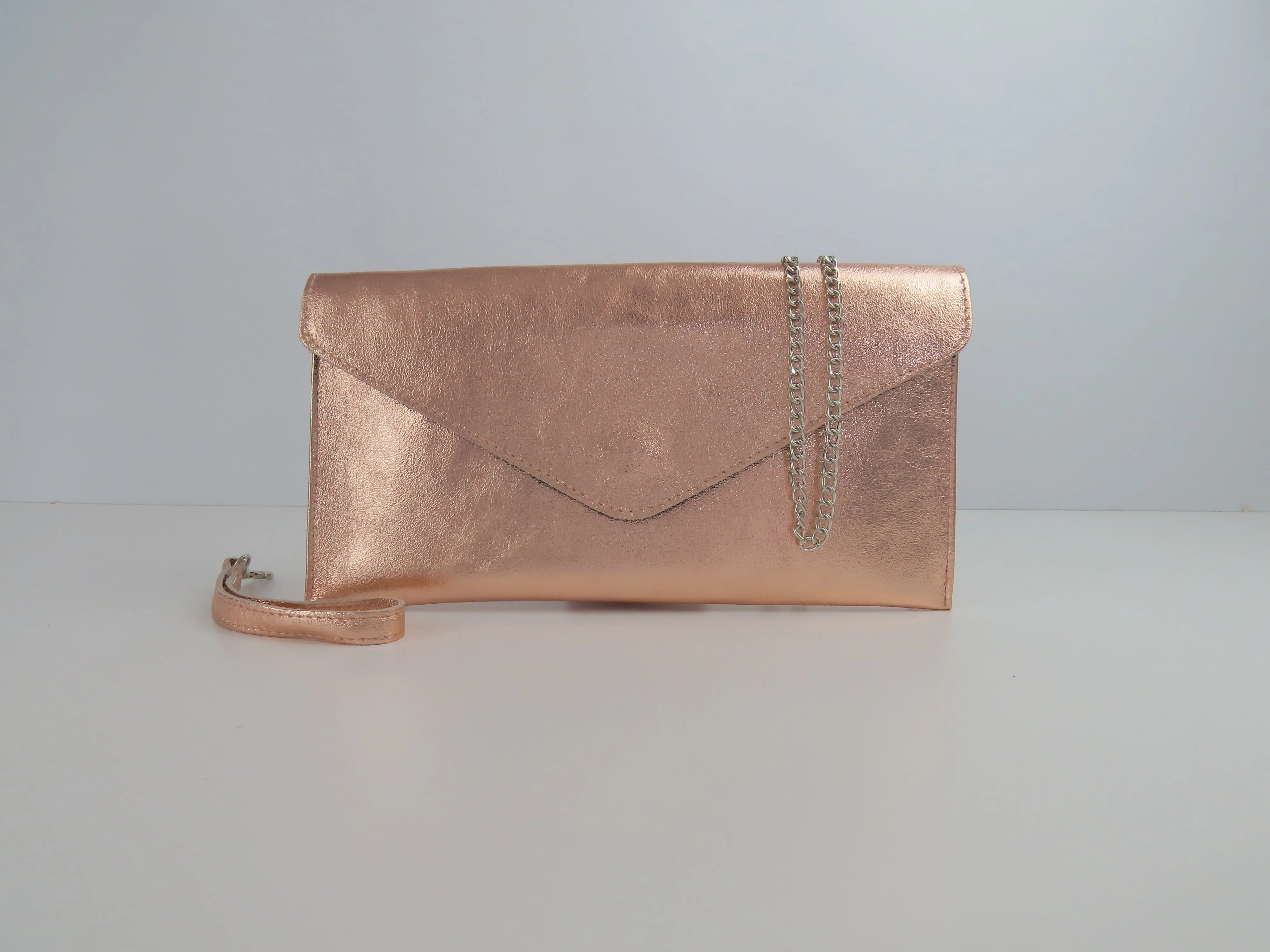 Metallic Rose Gold Envelope Clutch Bag