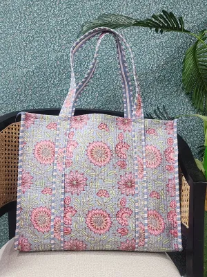 Multicolor Jute Handblock Printed Tote Bag Without Zip