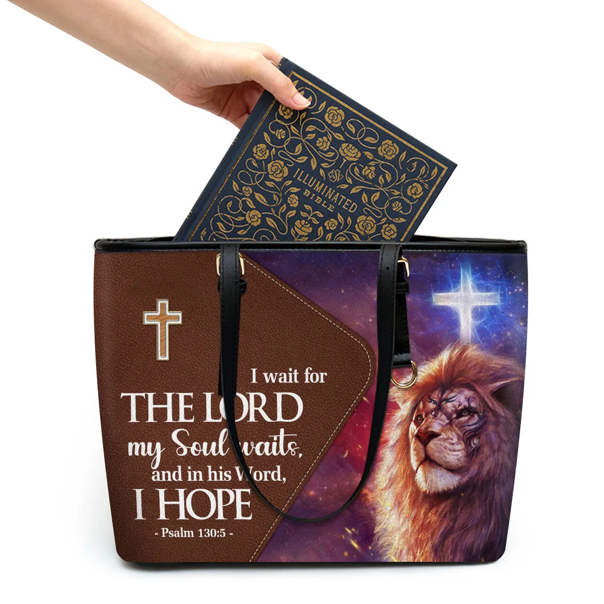 Psalm 1305 I Wait For The Lord Lion Large Leather Tote Bag - Christ Gifts For Religious Women - Best Mother's Day Gifts