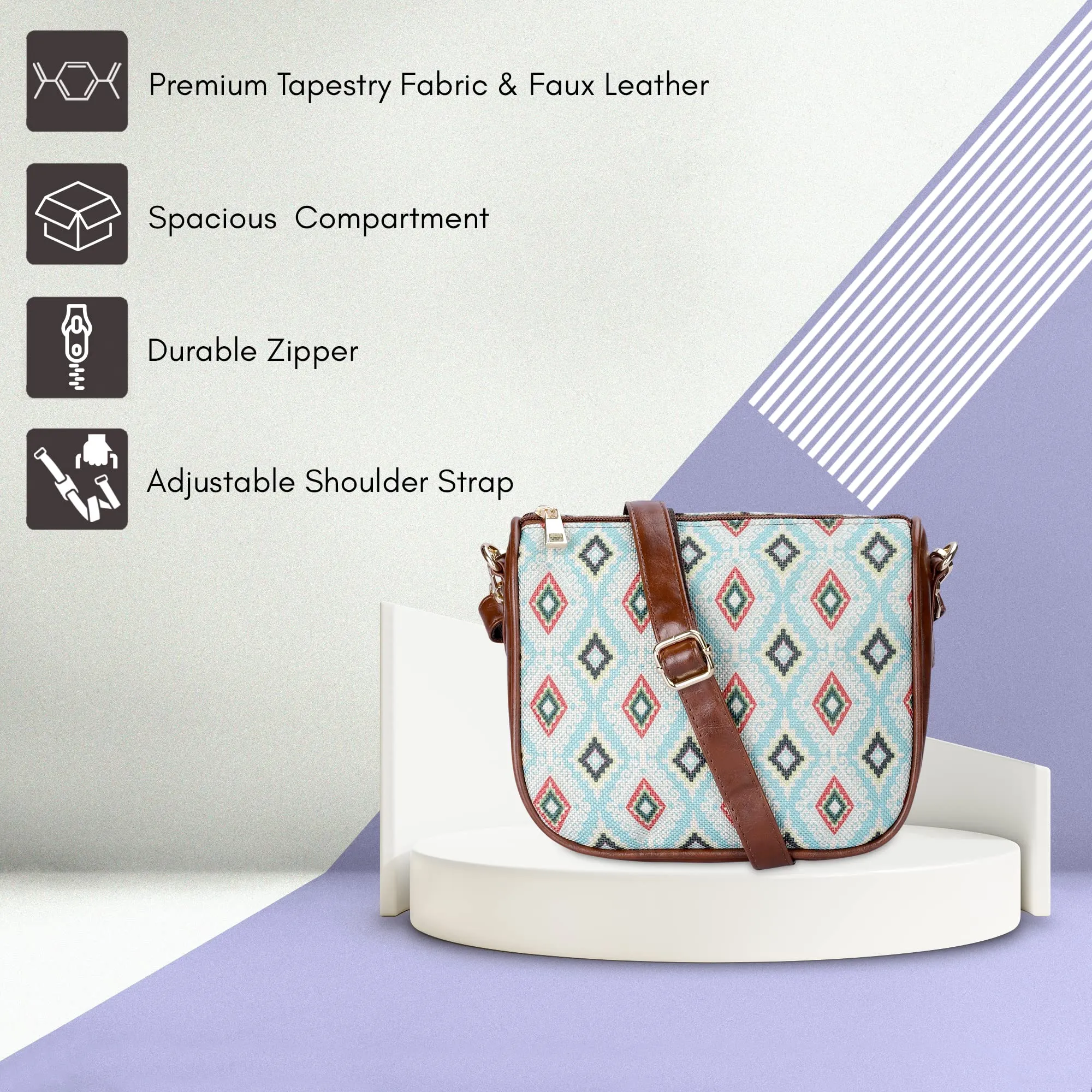 THE CLOWNFISH Garnet Series Printed Handicraft Fabric & Tapestry Crossbody Sling Bag for Women Ladies Single Shoulder Bag Shoulder Belt (Skyblue-Diamond)