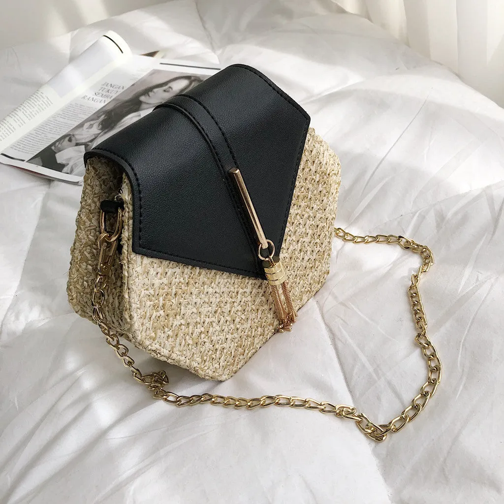 Women Retro Weave Leather Tassel Chain Crossbody  Bag