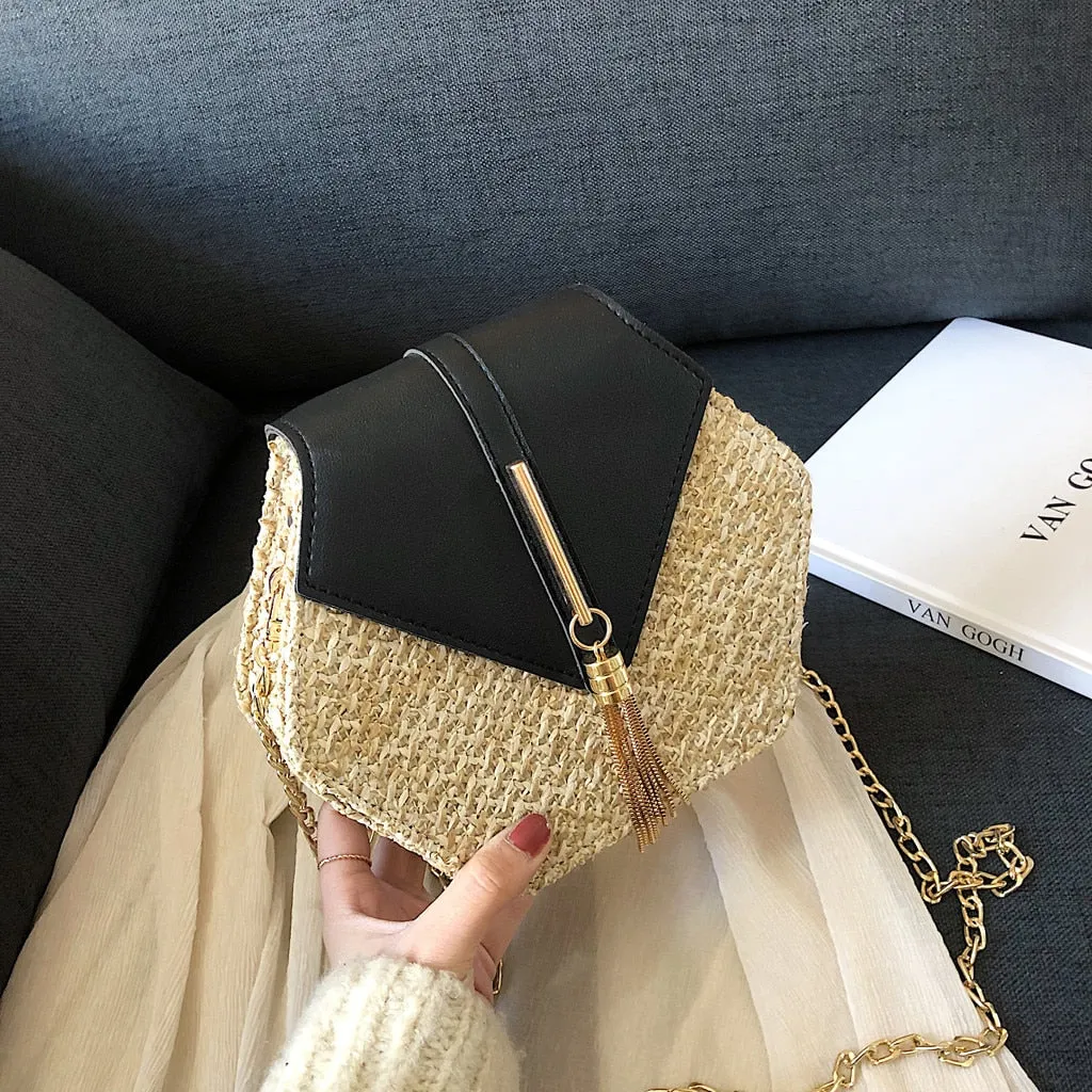 Women Retro Weave Leather Tassel Chain Crossbody  Bag