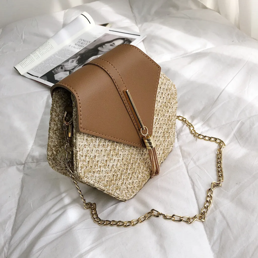 Women Retro Weave Leather Tassel Chain Crossbody  Bag