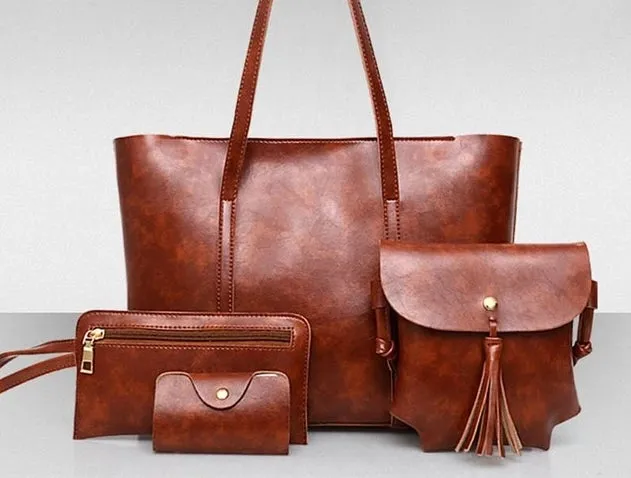 Women's Set of 4 Vegan Leather Tote Hand Bag Crossbody Purse and Wallet