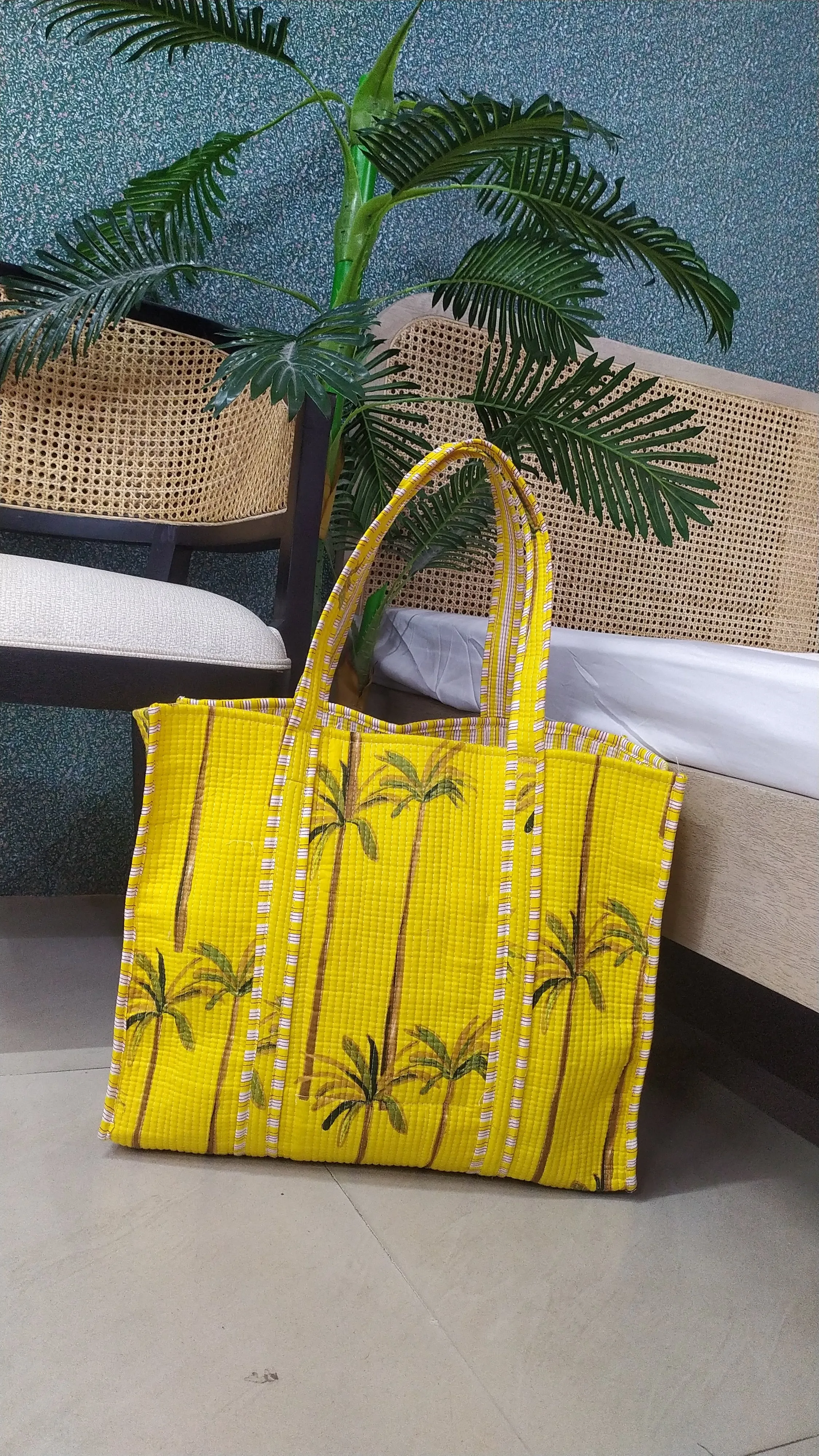 Yellow Jute Handblock Printed Quilted Tote Bag Without Zip